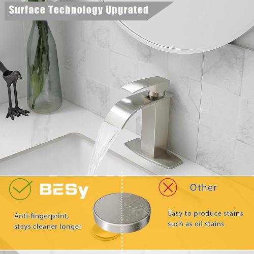 BESy Waterfall Bathroom Faucet, Single Handle Bathroom Vanity Sink Faucet, Rv Faucet Deck Plate, Stainless Steel Brushed Nickel, 1 or 3 Hole with Pop Up Drain