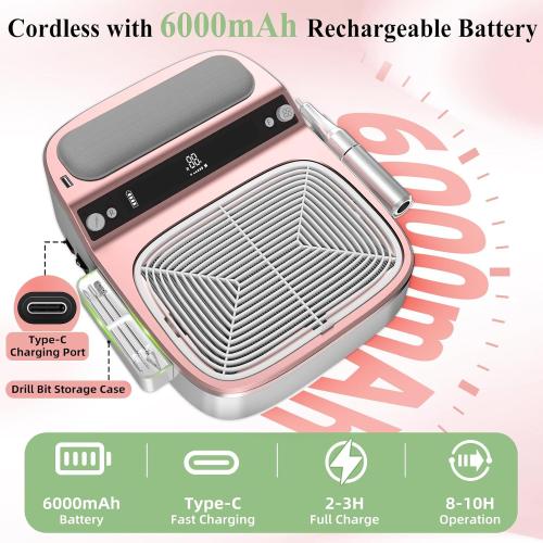 2-in-1 Nail Dust Collector & Electric Nail Drill File, Cordless Nail Machine with Stepless Speed Forward Reverse, 5 Suction Mode 4000RPM Dust Collector Nail Tech 6000mAh Rechargeable for Home Salon