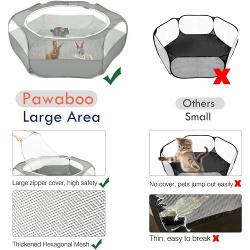 Pawaboo Small Animals Playpen, Waterproof Small Pet Cage Tent with Zippered Cover, Portable Outdoor Yard Fence with 3 Metal Rod for Chick/Kitten/Puppy/Guinea Pig/Rabbits/Hamster/Chinchillas,Light Gray