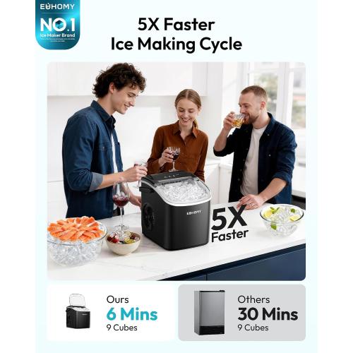 EUHOMY Countertop Ice Maker Machine with Handle, 26lbs in 24Hrs, 9 Ice Cubes Ready in 6 Mins, Auto-Cleaning Portable Ice Maker with Basket and Scoop, for Home/Kitchen/Camping/RV. (Black)