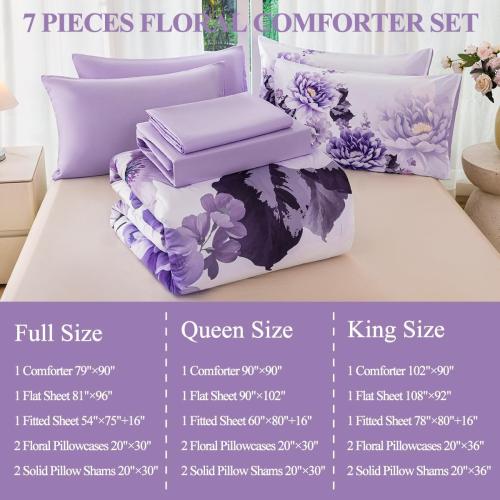 King Size Bed Floral Comforter Sets for Women Soft Lightweight 1 piece Flower Bedding Set All Season(Purple, King)