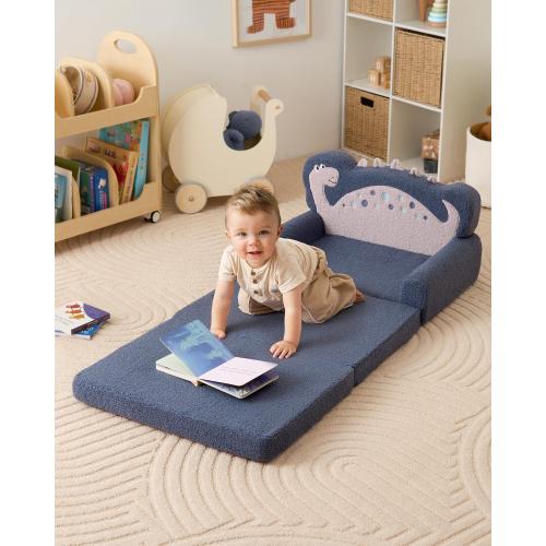 Blissful Diary Kids Couch, 2-in-1 Soft Toddler Couch Fold Out, Toddler Chair Comfy, Convertible Sofa to Lounger, Kids Furniture for Playroom, Gift for Birthday, Children's Day, Blue Dinosaur