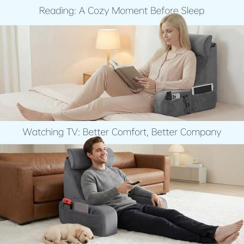 ENITYA 19 Back Support Pillow,Reading Pillow with Attached Arms & Large Pockets, Removable Washable Cover, Wedge for Sitting,Reclining,Watching TV,Post Surgery in Bed,Couch or Floor,Medium Firm,Grey