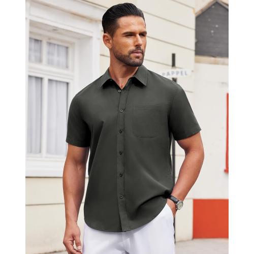 Size 2XL Mens Short Sleeve Dress Shirt Wrinkle Free Solid Casual Button Down Shirts for Summer Business Wedding