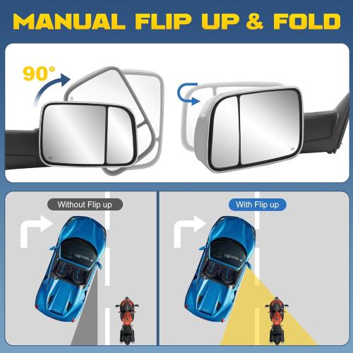 Pair Power Heated Towing Mirrors Compatible for 2002-08 Dodge 1500, 2003-09 Ram 2500 3500 w/Turn Signal Side Tow Mirrors Extendable Flip Fold (Chrome)