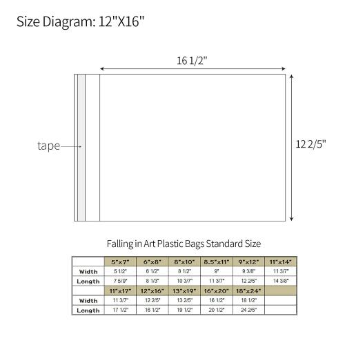 Falling in Art Acid Free 1.496mil (Single Side) Crystal Sealed Clear Bags for 12x16 Art Prints, Photos, 12 2/5 Inches by 16 1/2 Inches, 25-Pack