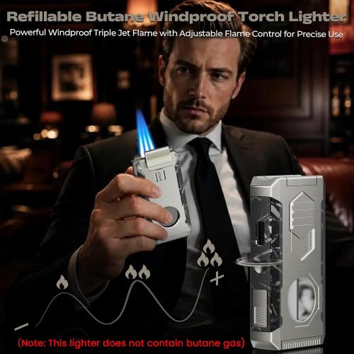 5-in-1 Butane Torch Lighter with Triple Jet Flame, Built-in V & Straight Shear, Holder, Draw Enhancer Tool, Refillable Windproof Cool Lighter for Candle, Camping, Travel, Outdoor, Gift Box for Men