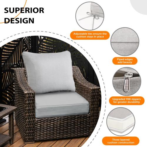 Sundale Outdoor Olefin Deep Seat Cushion, Patio Chair Cushion and Pillow, Water-Resistant Sectional Sofa Pad with Straps Light Gray, 23 x 26 x 6 Inches