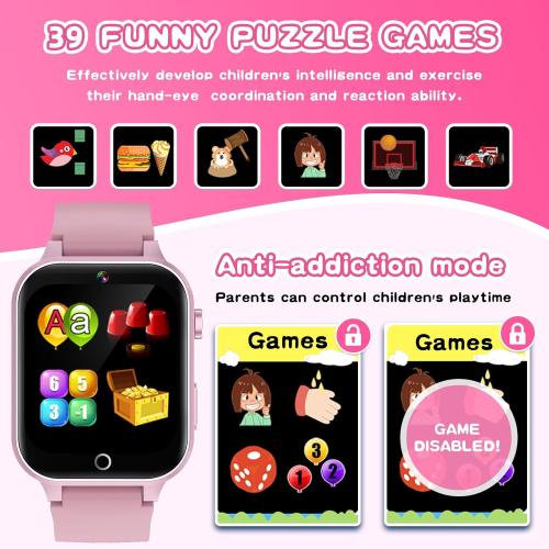 Kids Smart Watch Gift for Girls Age 5-12, 39 Games HD Touch Screen Watches with Video Camera Music Player Pedometer Flashlight 12/24 hr Educational Toys Birthday Gifts for Girls Ages 7 8 9 10