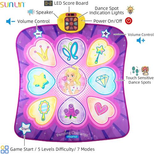 SUNLIN Dance Mat Toys for Girls Ages 3-10 | Dance Pad with LED Lights, Adjustable Volume, 9 Built-in Music, 7 Game Modes, 5 Challenge Levels | Christmas Birthday Gifts for 3 4 5 6 7 8  Years Old Girl