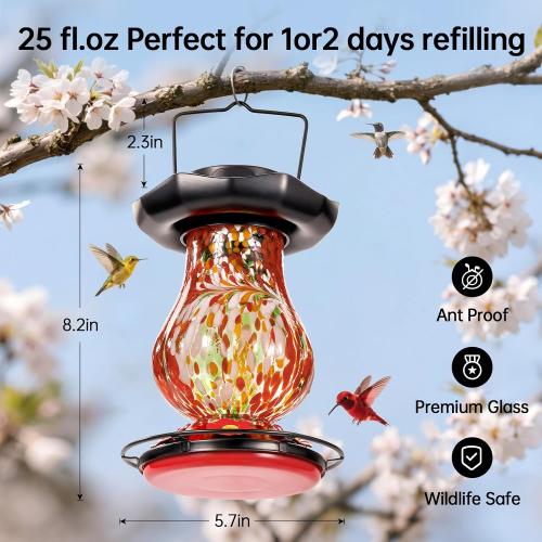 DesGully Solar Hummingbird Feeder for Outdoor - 25 fl.oz Hand Blown Glass Hummingbird Feeders for Outdoors Hanging, Large Capacity with Moat, 6 Colors Changing Light Outside Garden Decor (Red)