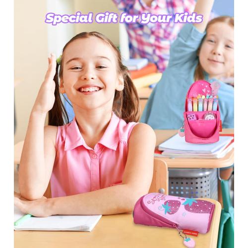 Magnetic Standing Pencil Case for Girls - Back to School Stuff, Cute Strawberry Standing Zipper Pencil Case, Large Capacity Stand up Pen Bag, Stationery Pen Holder, Study Supplies for Students