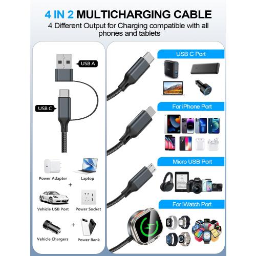 Travel Essentials,Multi Charging Cable for Apple Watch Charger/iPhone Charger/Samsung Charger,USB A & Type C Cable for iWatch Ultra/10-2/iPhone 17-11/Samsung S26-S20,Android Phone,Car[1.2M]-White