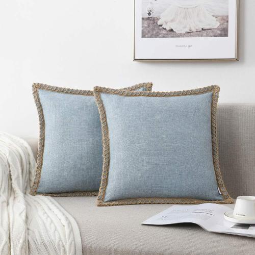 NordECO HOME Set of 2 Farmhouse Throw Pillow Covers - Burlap Linen Trimmed Tailored Edges Decorative Cushion Covers for Bed Home Decoration, 18 x 18, Blue