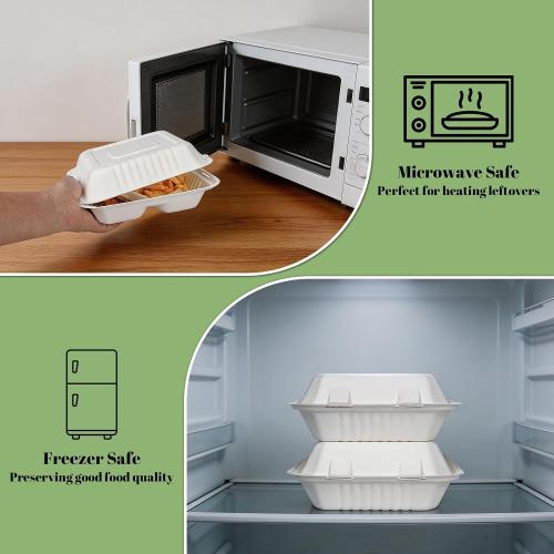 Lucklot 100 Pack 8×9 Inch 3-Compartment Compostable Bagasse Food Containers