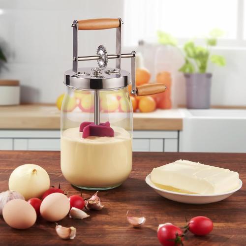 Butter Churn - Wooden Handle Shakes Stainless Steel Gear Manual Butter Maker, Butter Churner Hand Crank Mason Jar, Baking of Top Gadgets Butter Maker Cream Mixer (51oz)