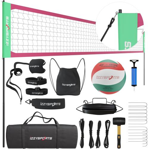 Red and Green Professional Volleyball Net Set, Easy Setup Regulation Net with Poles, Carrying Bag, Premium Ball, and More - Net for Backyard and Outdoor Beach Games
