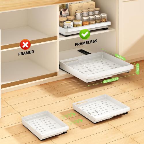 2 Pack Pull Out Cabinet Organizers Expandable, Slide Out Drawers for Kitchen, Bathroom, Pantry, Under Sink Storage, Pull Out Drawers Fixed with Adhesive Nano Film (White, 11.6''-17.5'')