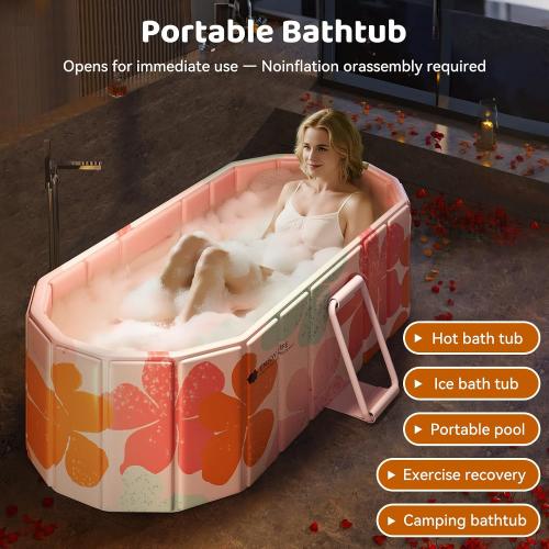 Portable Foldable Bathtub, Freestanding Bathtub No Installation, Bathroom SPA Soaking Bath Tub, Shower Stall Collapsible Hot & Ice Bath for Indoor Outdoor (Pink, 47.2L x 21.6W x 19.6H)