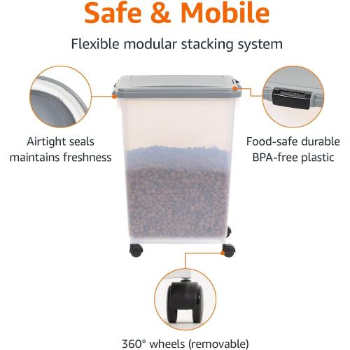 Amazon Basics Airtight Dog Food Storage Container with Scoop and Wheels, 69 QT, Gray