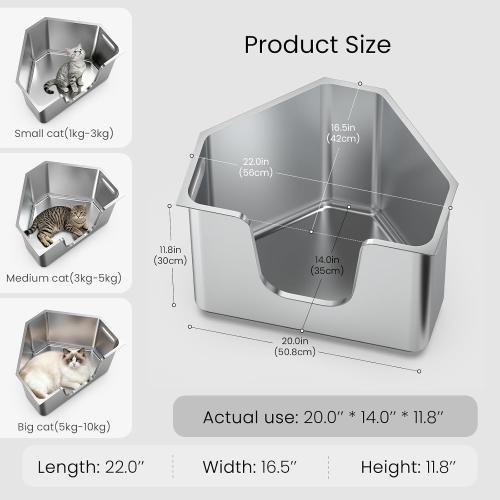 Stainless Steel Corner Cat Litter Box, Metal Litter Box with High Sided, One-piece Corner Cat Toilet, No Assembly Required, Non-Stick, No Odor Kitten Litter Pan, Easy to Clean, for Small Medium Cats