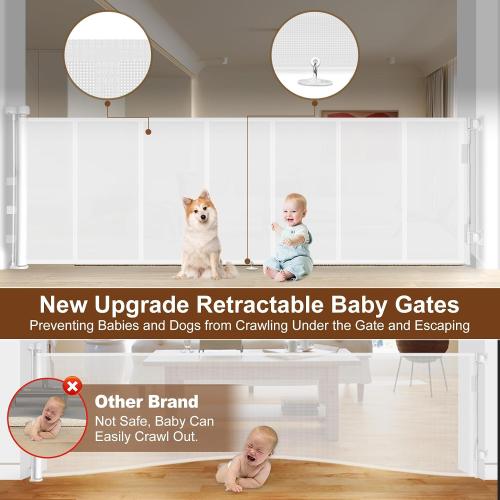 Upgraded 150 inch Retractable Baby Gates Extra Wide with Reinforced Strip Design to Prevent Crawling Through, 48 Extra Tall Retractable Gates, 12 FT Retractable Dog Gate for Indoor/Outdoor
