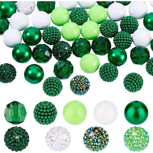 PH PandaHall 58pcs Green Bubblegum Beads, 20mm Acrylic Chunk Beads Focal Bead 9 Style Pen Bead for Spring Necklace Bracelet Keychain Jewelry Making Holiday