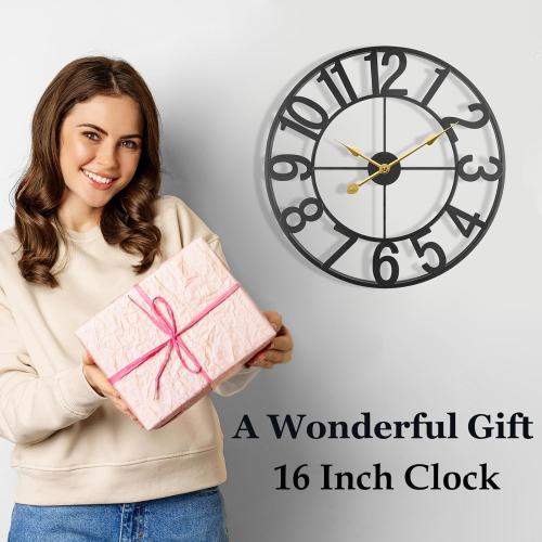 Large Outdoor Clock, Silent Non-Ticking Battery Operated Outdoor Wall Clock, Black Modern Metal Wall Clock for Patio, Porch, Pool Area, Kitchen, Bedroom, Living Room, Farmhouse Decor - 16 Inch