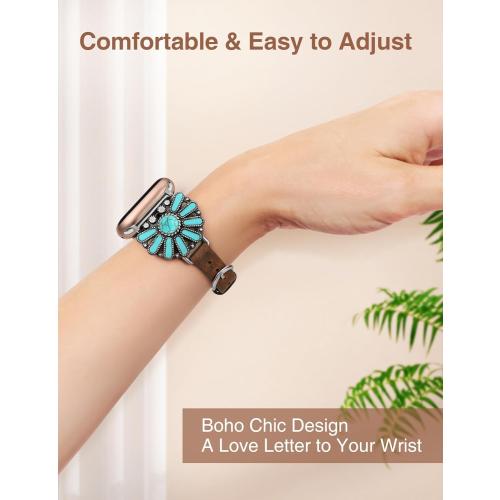 W-RARA Leather Band Compatible with Apple Watch Band Women 38/40/41/42/44/45/46/49mm, Boho Western Vintage Turquoise Ethnic Antique Style Strap for iWatch Series Ultra 2 SE 11 10 9 8 7 6 5 4 3 2 1