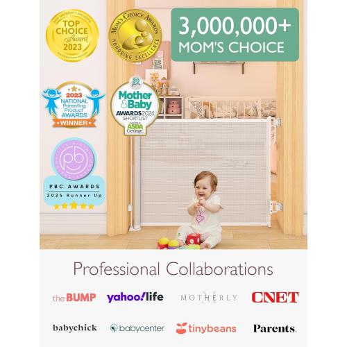Momcozy Auto-Locking Retractable Mesh Baby Gate or Dog Gate, Child Safety Gate for Indoor or Outdoor, 33-inches Tall with up to 55-inches Wide Extension, Avoid Skirting Installation, White