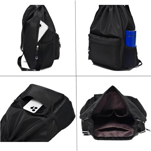 LOKAPEGY Black Drawstring Backpack for Women, Waterproof Drawstring Gym Bag for Men, Cinch Sack for Basketball, Pull String Sport Bag for Soccer.