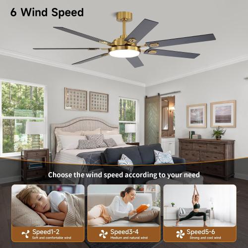 64 Inch Ceiling Fans with Lights and Remote, Bedroom Living Room Office Library Cafe Outdoor Industrial, 5CCT Dimmable, Dual Color 7 Blades, 6 Speed Reversible Quiet DC Motor, Gold/Wood Grain
