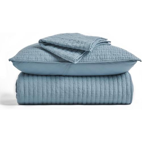 EVERGRACE x Kinsey Walsh Cross Stitch Pre-Washed Cotton Quilt Bedding Set Queen Size, Oversized 3 Pieces Lightweight Bedspread Coverlet for All Season, with 2 Matching Shams, Dusty Blue, 92x96
