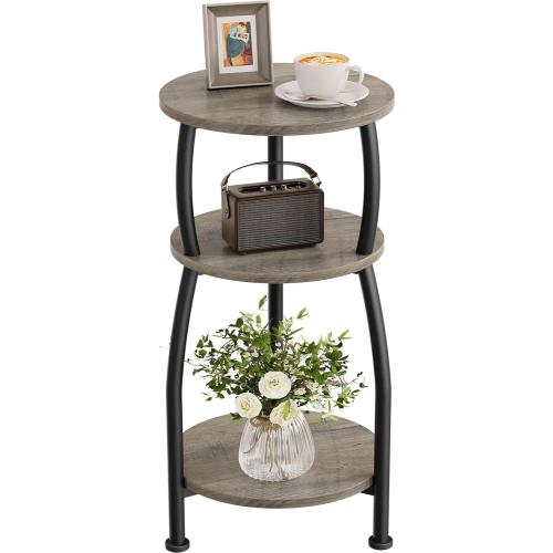 Small Round Side Table, 3-Tier End Table with Storage Shelf, Slim Sofa Table Coffee Table, Sturdy & Easy Assemble Nightstand for Small Spaces, Living Room Bedroom Corner, Grey