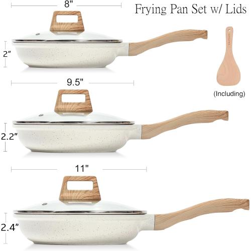 ESLITE LIFE Nonstick Ceramic Frying Pans Skillets Set with Lids, Non-Toxic Egg Omelette Kitchen Cooking Pans Compatible with All Stovetops (Gas, Electric & Induction), PTFE & PFOA Free (White)