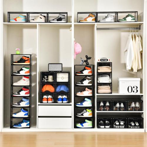 Stebopum 12 Pack Stackable Shoe Storage Organizer with Magnetic Door, Shoe Boxes Clear Black Plastic for Closet, Shoe Rack for Sneaker Boot Container, Shoe Cabinet Fit up to US Size 12