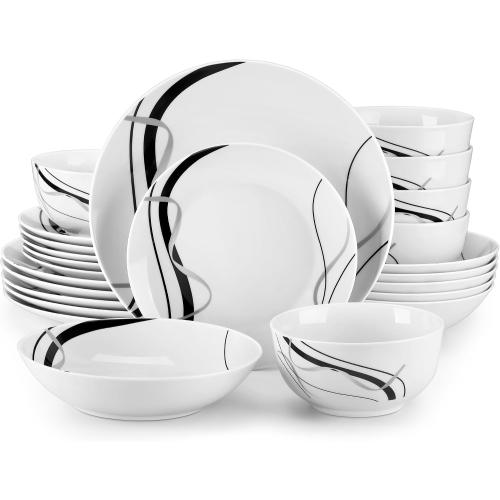 VEWEET Porcelain Dinnerware Sets for 6, 24 Pieces Plates and Bowls Set with Black and Grey Ribbon Lines, Dishes Set Dining Ware for Dinner, Microwave and Dishwasher Safe, Series FIONA