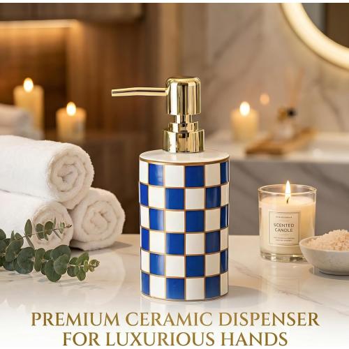 Blue and White Checkered Ceramic Soap Dispenser, Cute & Durable for Bathroom, Ideal Checkered Bathroom Decor