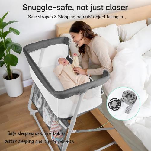 Cowiewie Bassinet Bedside Sleeper,Baby Bassinet Slides Over Bed,5-Height Adjustment & Breathable All-Mesh Wall Bedside Bassinet for Baby,Space-Saving Bedside Crib, Height(37.4-41.3), Dark Grey