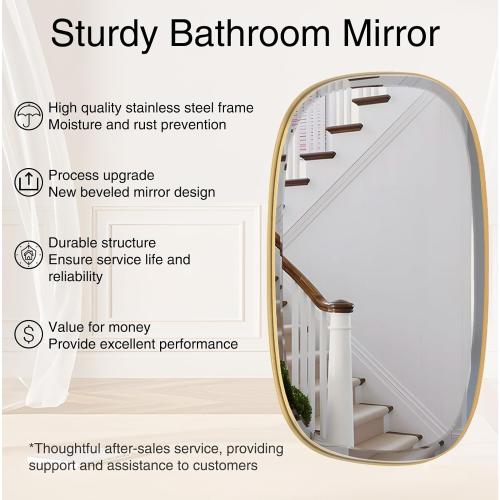 POZINO Brushed Gold Mirror, 20x30 Brass Beveled Mirrors for Bathroom, Rounded Rectangle Mirror, Modern Vanity Wall Mirrors in Premium Stainless Steel Frame Hangs Horizontal Or Vertical