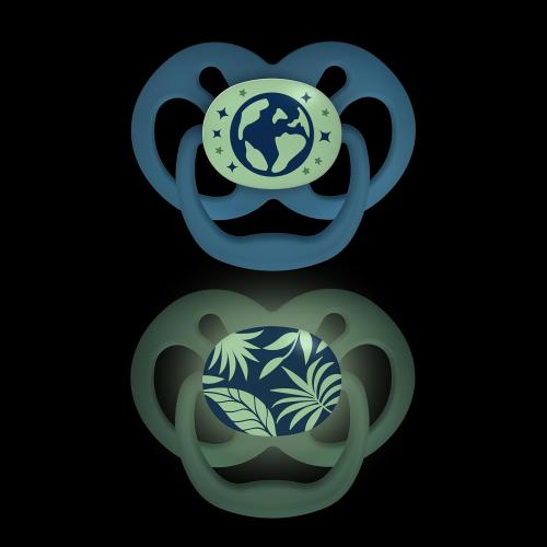 Dr. Brown's Advantage Glow-in-the-Dark Baby Pacifier, Fully Symmetrical Soother with Soft Silicone Bulb, Skateboard Snail-Blue Nature, 6-18m, BPA Free, 4 Pack