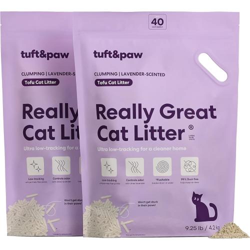 Tuft & Paw Really Great Cat Litter, Low Tracking Tofu Cat Litter, Clumping, Flushable, Odor Control, Dust-Free - 9.25lbs x 2Bags (Natural Lavender)