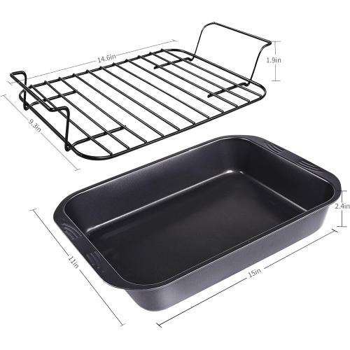 Bakeware Nonstick Roaster, Nonstick Roasting Pan with Rack, Great For Roast Chicken, Roasts And Turkeys - 15 Inch x 11 Inch (5.8 QT), Gray