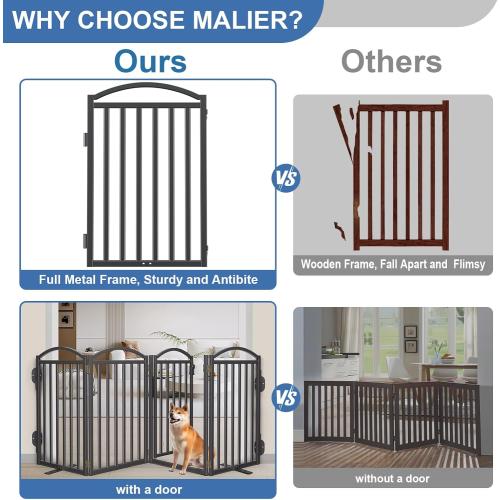 Size 80x36 Color Black Malier Metal Freestanding Dog Gates with Door, 36'' Height Outdoor Indoor Dog Fences, Extra Wide Foldable Puppy Gate for Stairs (Black, 【4 Panels with Door】 80''W × 36''H)