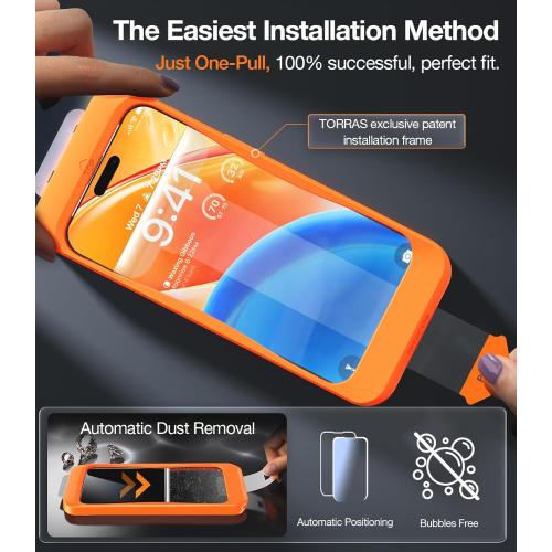 TORRAS Military-Grade Screen Protector for iPhone 15 Pro Max [9H  Aerospace Tempered Glass＆12FT Shatterproof ] One-Step Installation Full Coverage Fit Bubble Free Top-Notch Protection, 2 Pack