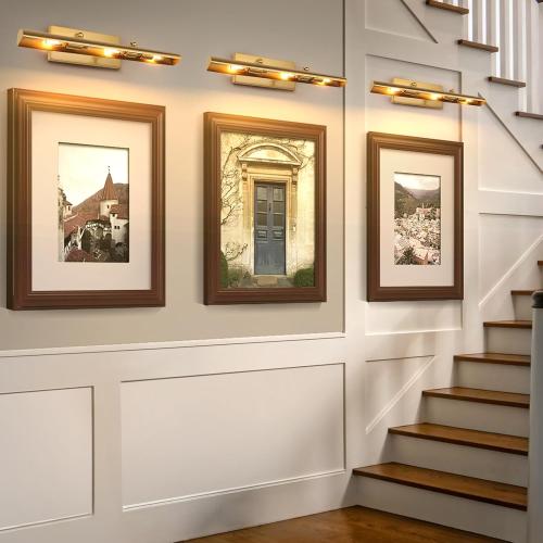 BELS Picture Lights for Wall Hardwired, 24 Inch Gold Wall Lights for Pictures,3-Light 2700k,Non-Dimmable, 270° Adjustable Swing Arm, Hardwired Wall Light for Artwork Poster Portrait Library Display