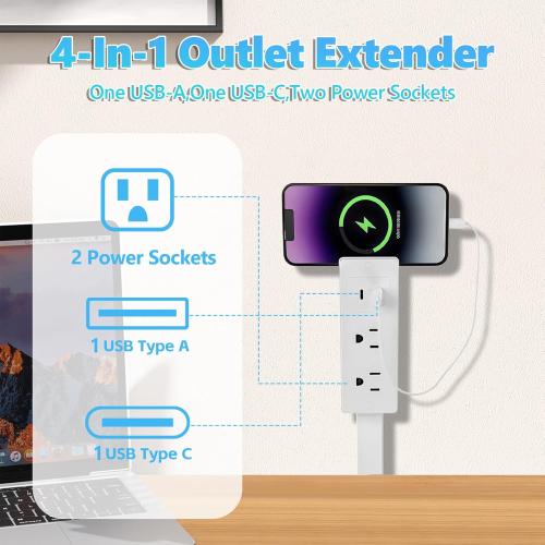 Electrical Outlet Extender - Features USB-A, USB-C and 2 AC Outlets, Free Assembly Extends 18-28, Rotates 180°, Plug Extension Outlet Use Behind Sofas, Nightstands, Desks, Office (White)
