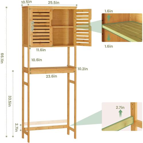VIAGDO Over The Toilet Storage Cabinet, Tall Bathroom Cabinet Organizer with Cupboard and Adjustable Shelves, Freestanding Toilet Shelf Space Saver Rack Stand for Laundry Room, Balcony, Bamboo