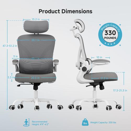 Ergonomic Office Chair, 330LBS Desk Chair with 3-Level Lumbar Support & Headrest, Breathable Mesh Backrest, Flip-Up Armrests for Home Office and Gaming, White