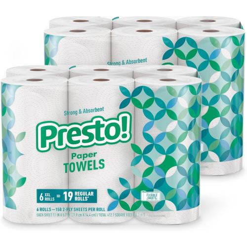 Amazon Brand - Presto! Flex-a-Size Paper Towels, 158 Sheet Huge Roll, 12 Rolls (2 Packs of 6), Equivalent to 38 Regular Rolls, White